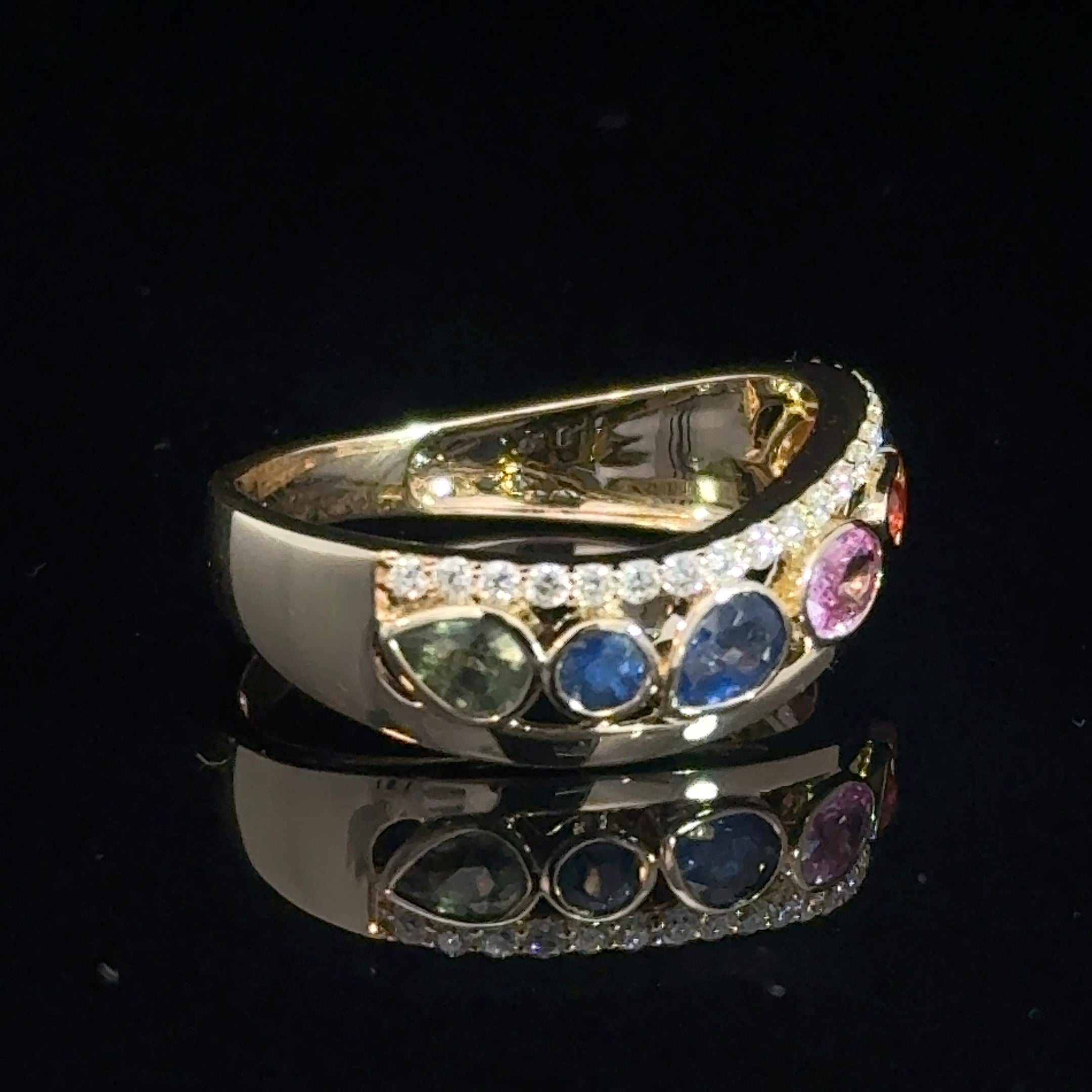 14K Yellow Gold Multicolor Sapphire & Diamond Eternity Band | Natural Rainbow Gemstone Ring