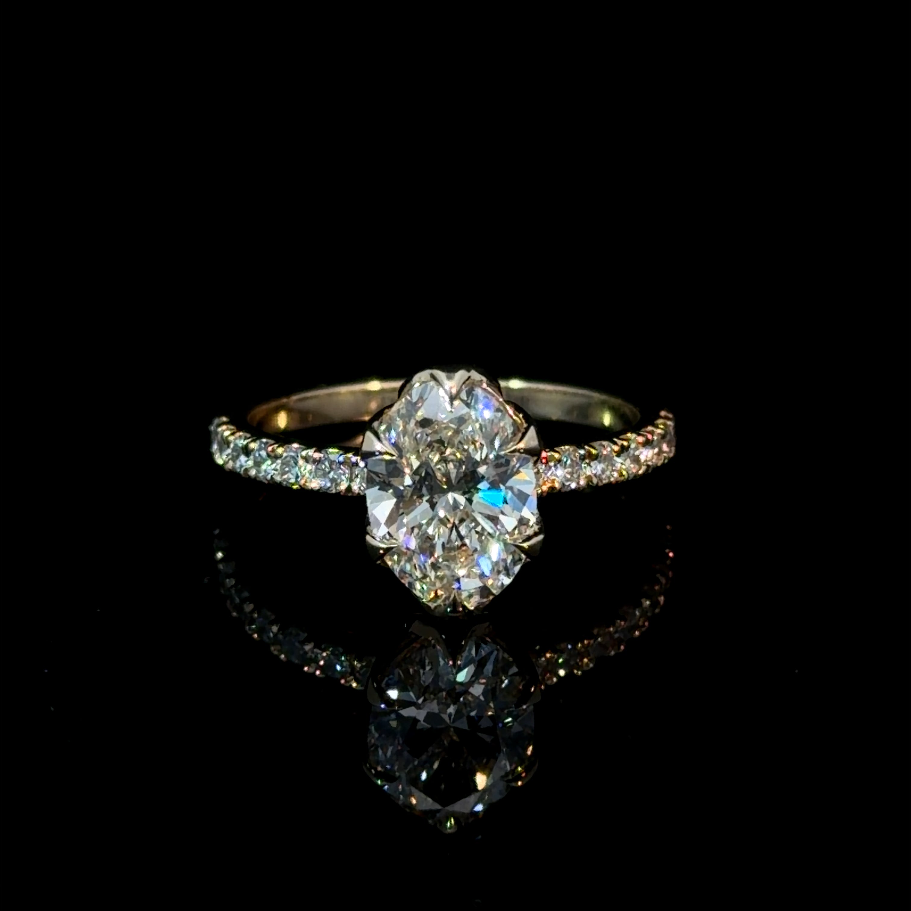 Oval Cut Lab Grown Diamond Engagement Ring | Hidden Halo & Pavé Band | 14K Yellow Gold