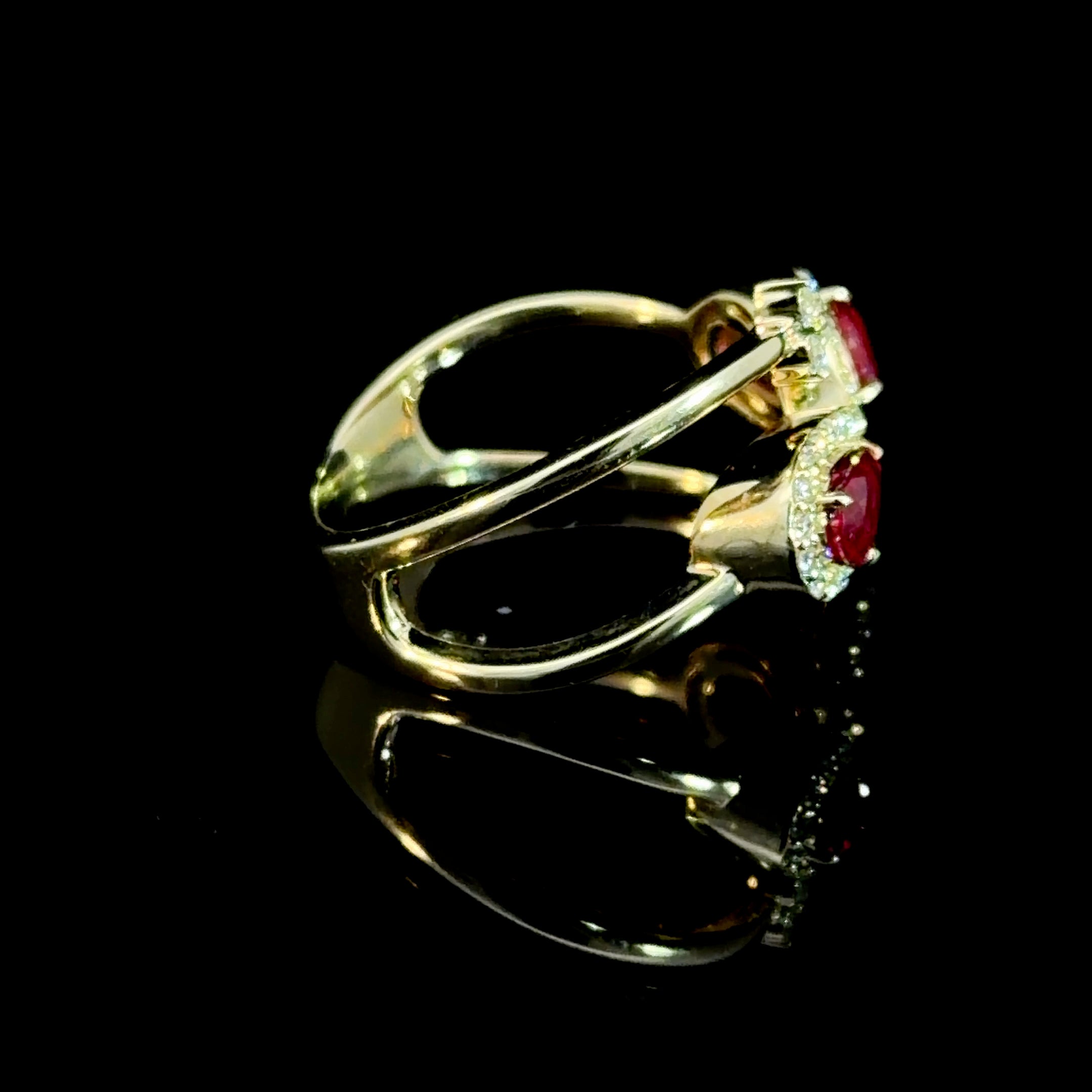 14K Yellow Gold Pear Ruby Bypass Ring with Diamond Halos | Toi et Moi Natural Gemstone Ring