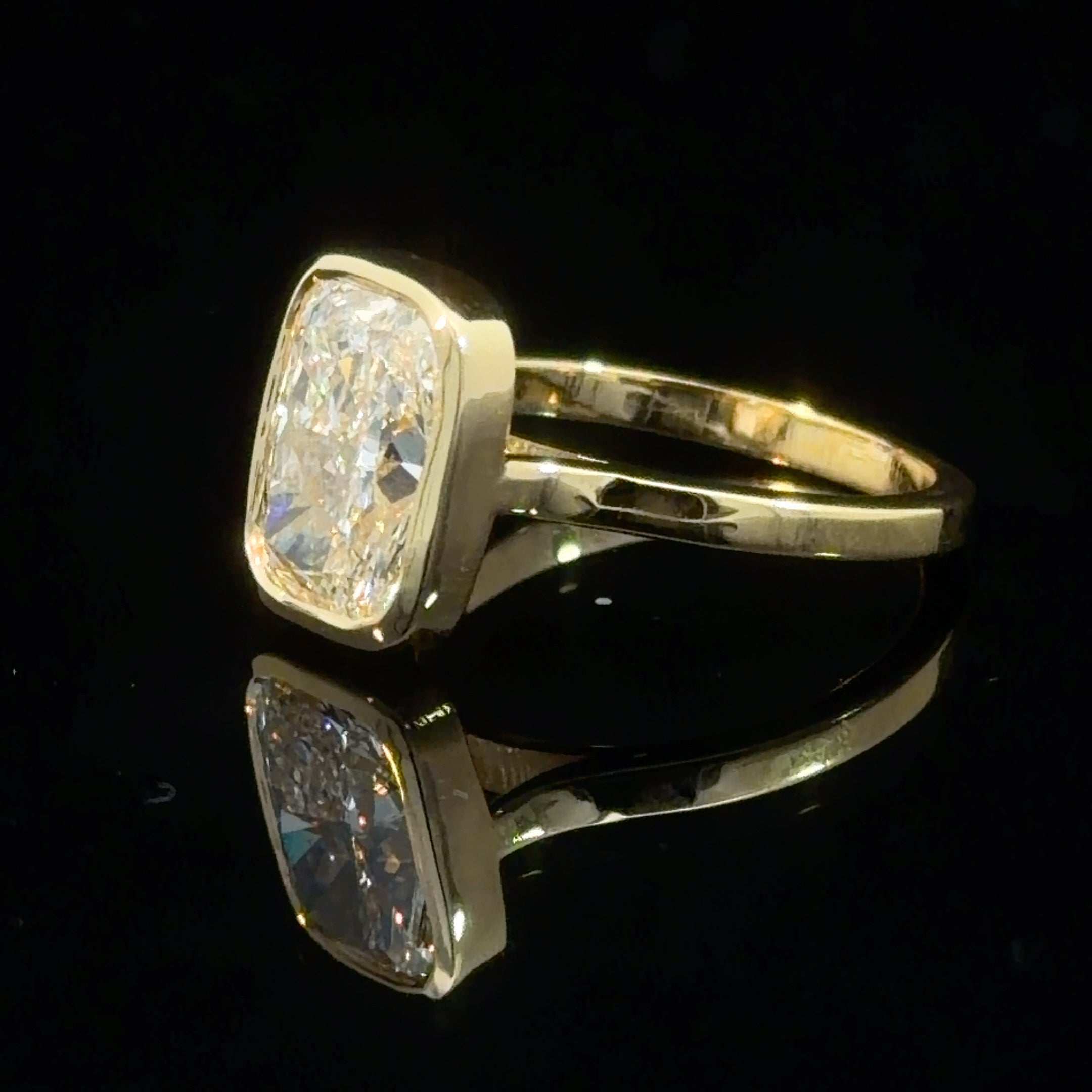Elongated Cushion Cut Lab Grown Diamond Bezel Set Solitaire Engagement Ring | 14K Yellow Gold