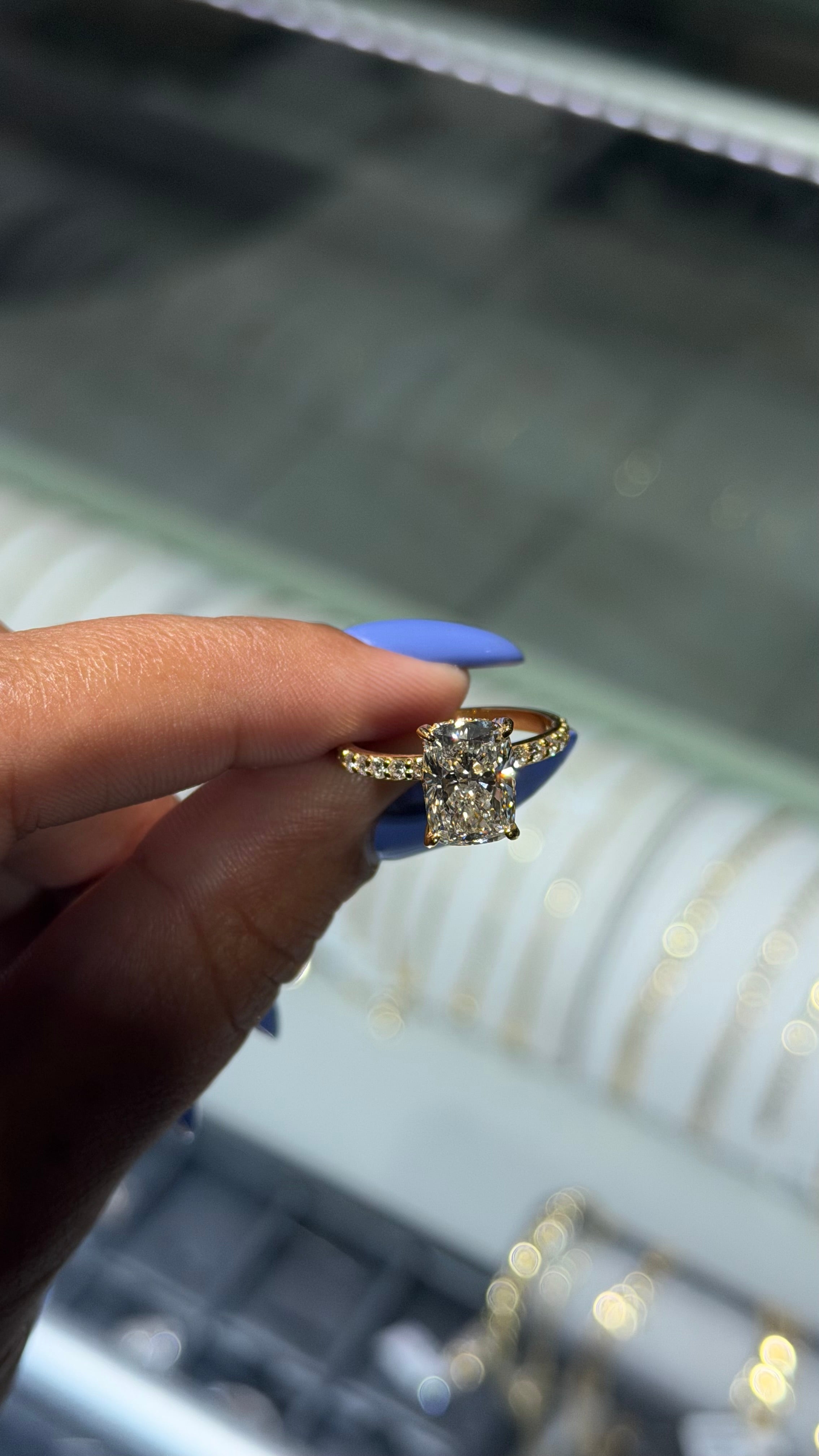 3.07ct Cushion Cut Lab Grown Diamond Ring | Yellow Gold Pavé Band | F/VS2 | IGI Certified
