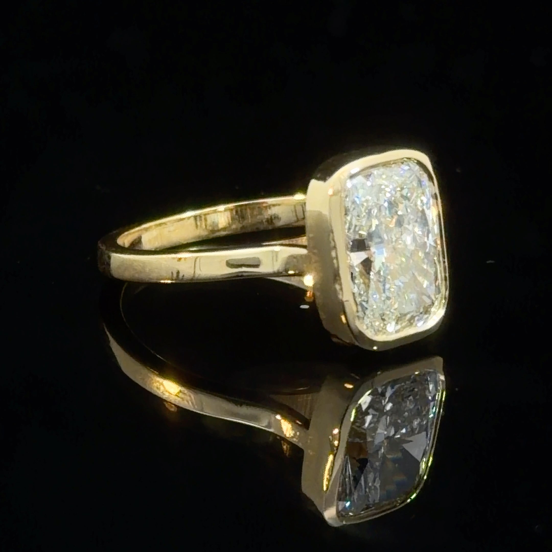 Elongated Cushion Cut Lab Grown Diamond Bezel Set Solitaire Engagement Ring | 14K Yellow Gold