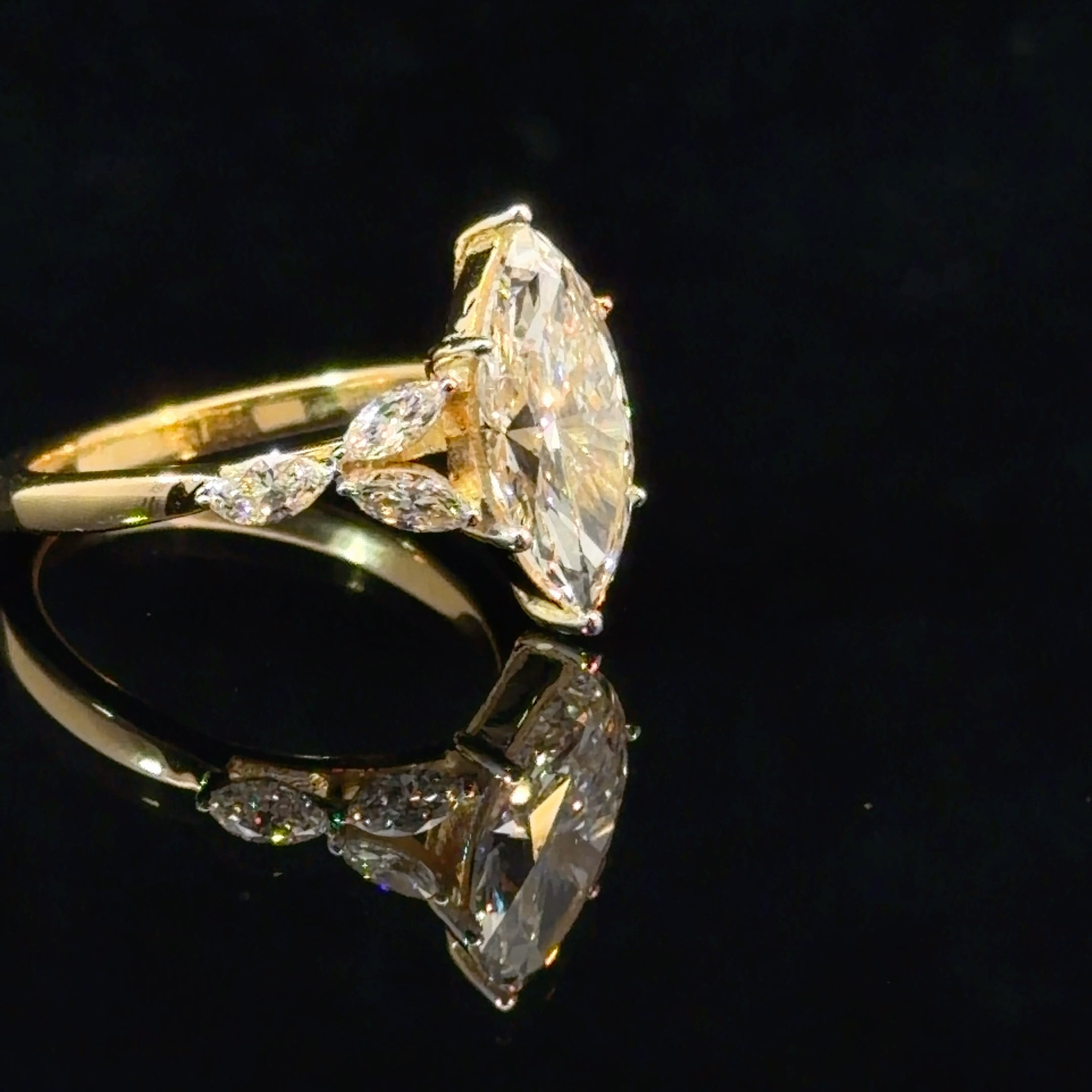 Marquise Cut Lab Grown Diamond Engagement Ring | Marquise Side Stones | 14K Yellow Gold