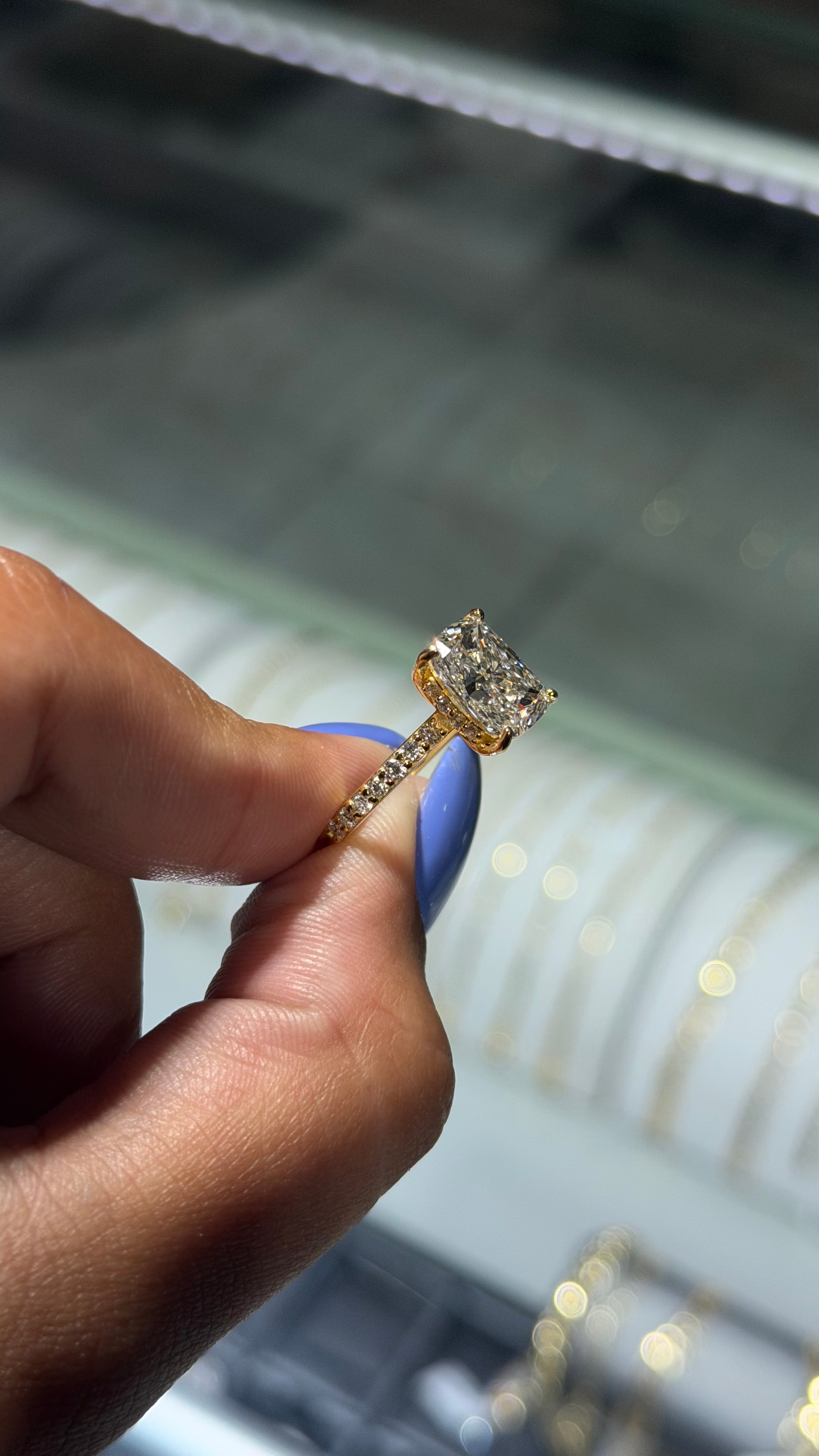 3.07ct Cushion Cut Lab Grown Diamond Ring | Yellow Gold Pavé Band | F/VS2 | IGI Certified