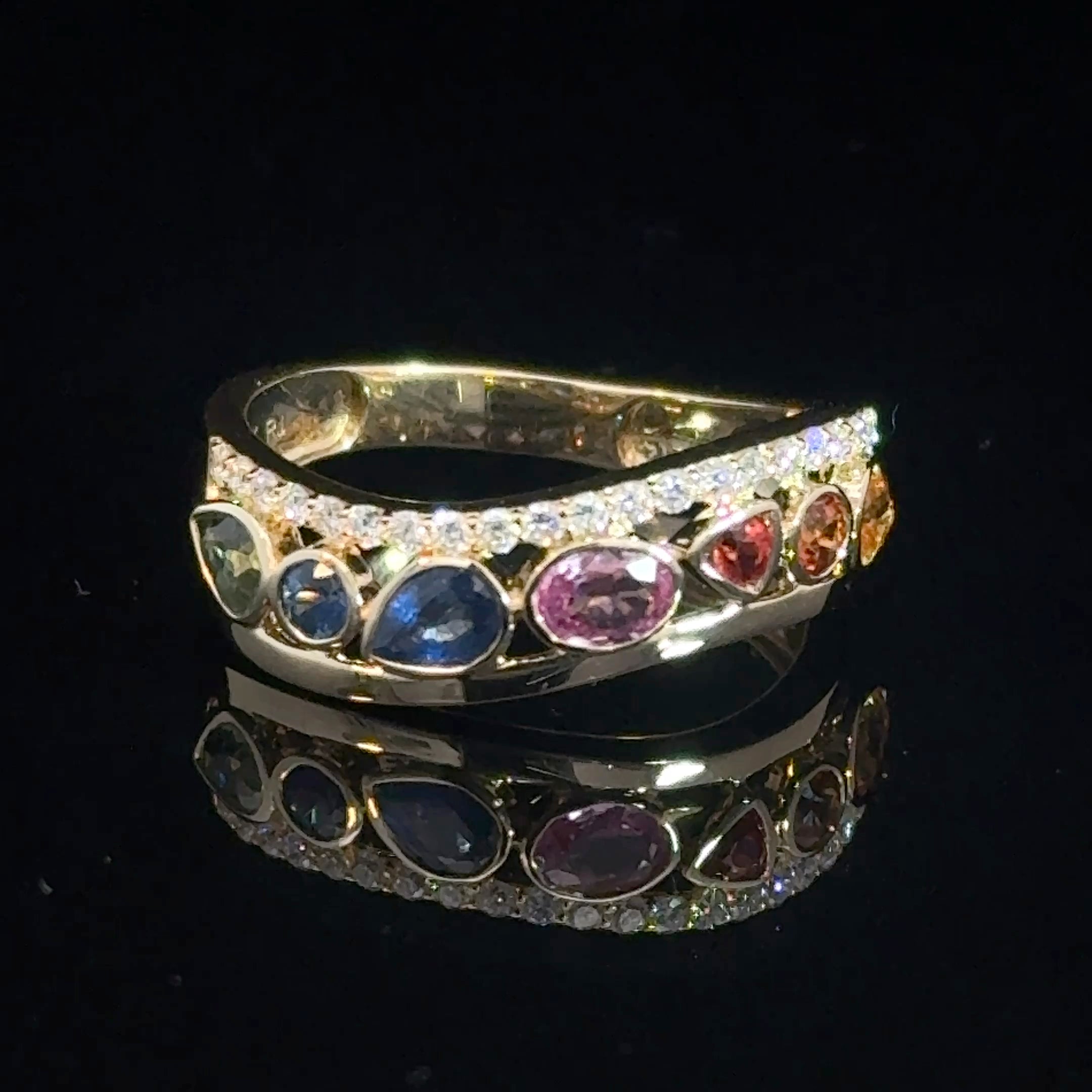 14K Yellow Gold Multicolor Sapphire & Diamond Eternity Band | Natural Rainbow Gemstone Ring