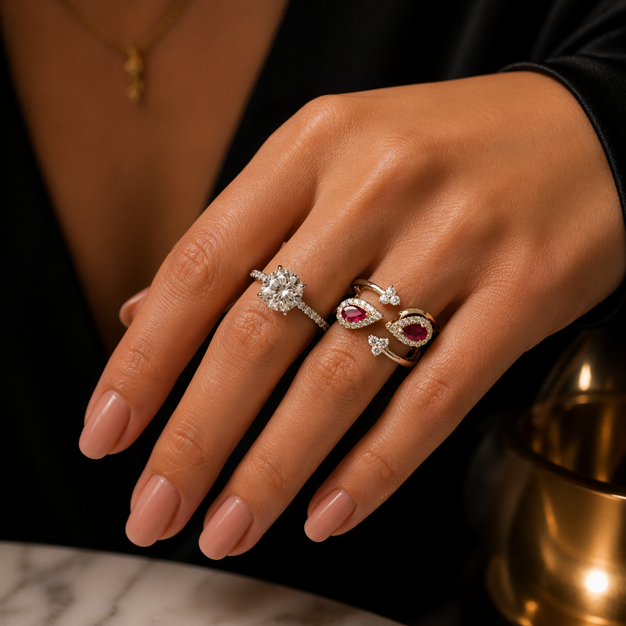 14K Yellow Gold Pear Ruby Bypass Ring with Diamond Halos | Toi et Moi Natural Gemstone Ring
