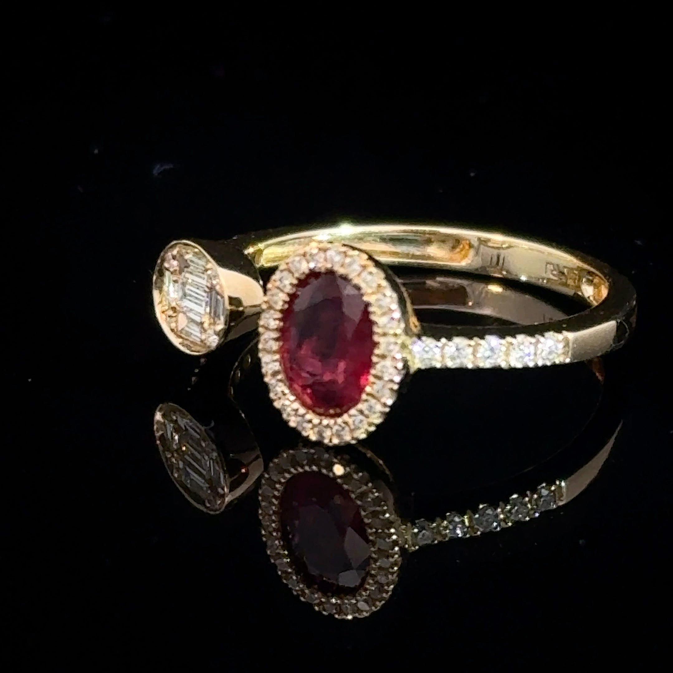 14K Yellow Gold Oval Ruby & Baguette Diamond Toi et Moi Bypass Ring | Natural Gemstone Ring