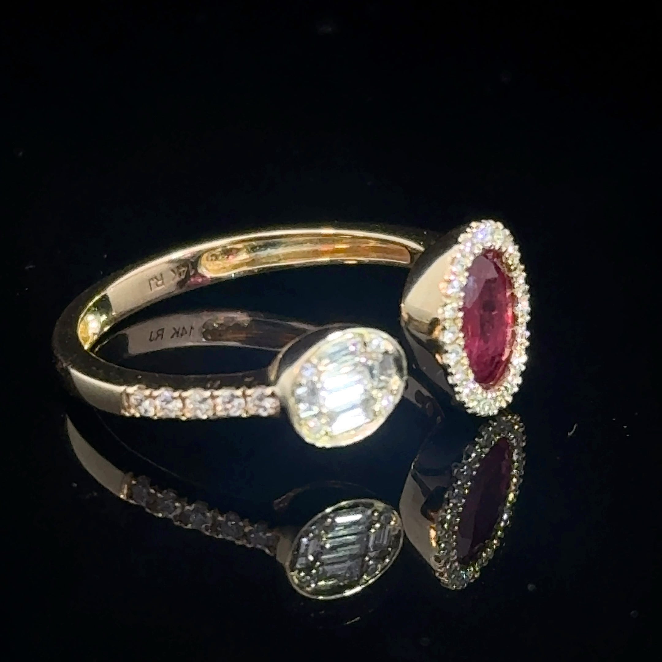 14K Yellow Gold Oval Ruby & Baguette Diamond Toi et Moi Bypass Ring | Natural Gemstone Ring