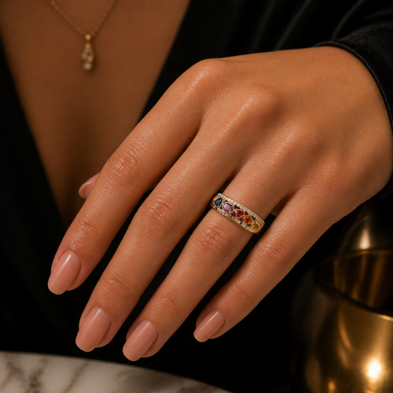 14K Yellow Gold Multicolor Sapphire & Diamond Eternity Band | Natural Rainbow Gemstone Ring