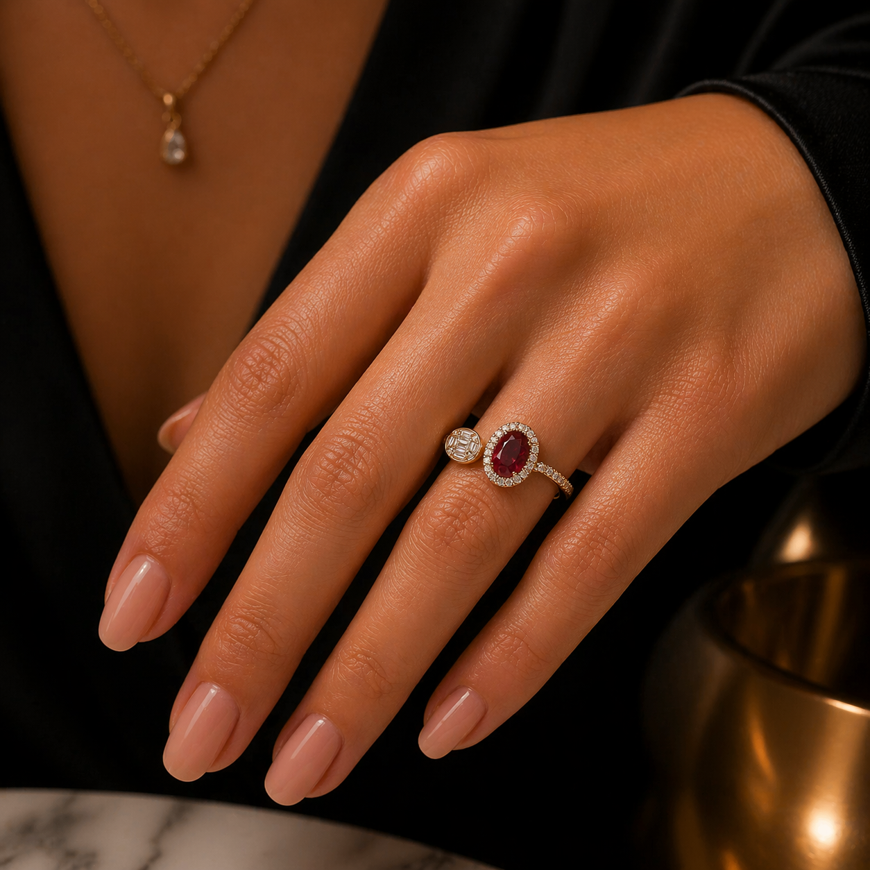 14K Yellow Gold Oval Ruby & Baguette Diamond Toi et Moi Bypass Ring | Natural Gemstone Ring