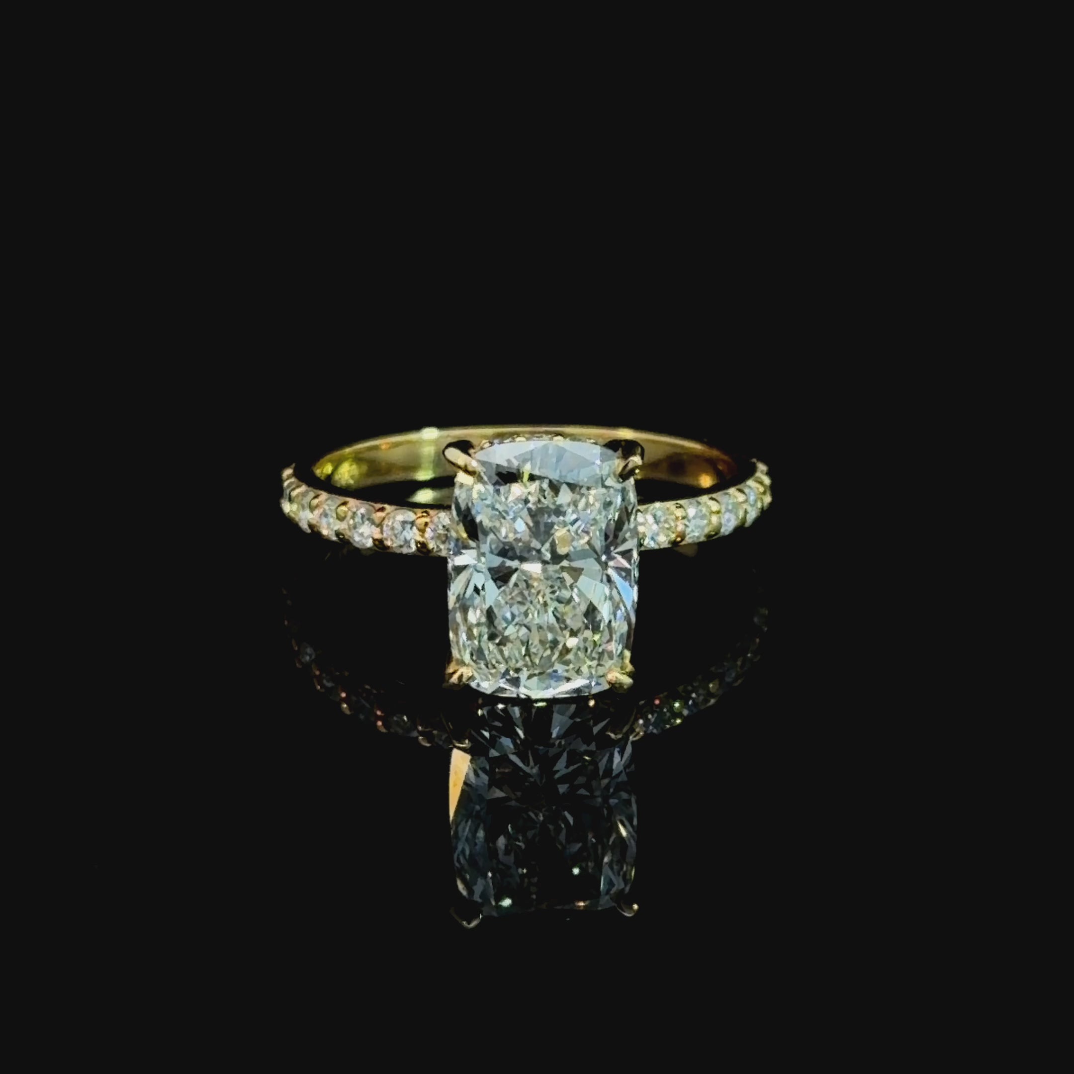 3.07ct Cushion Cut Lab Grown Diamond Ring | Yellow Gold Pavé Band | F/VS2 | IGI Certified