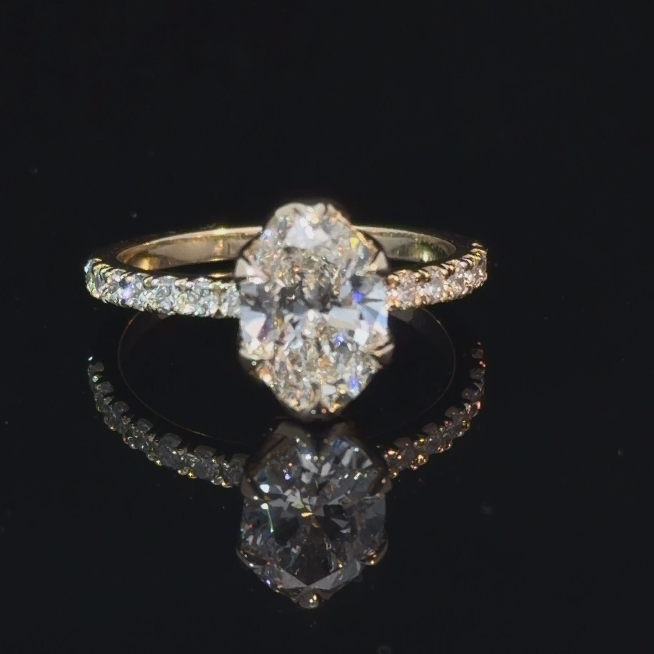 Oval Cut Lab Grown Diamond Engagement Ring | Hidden Halo & Pavé Band | 14K Yellow Gold